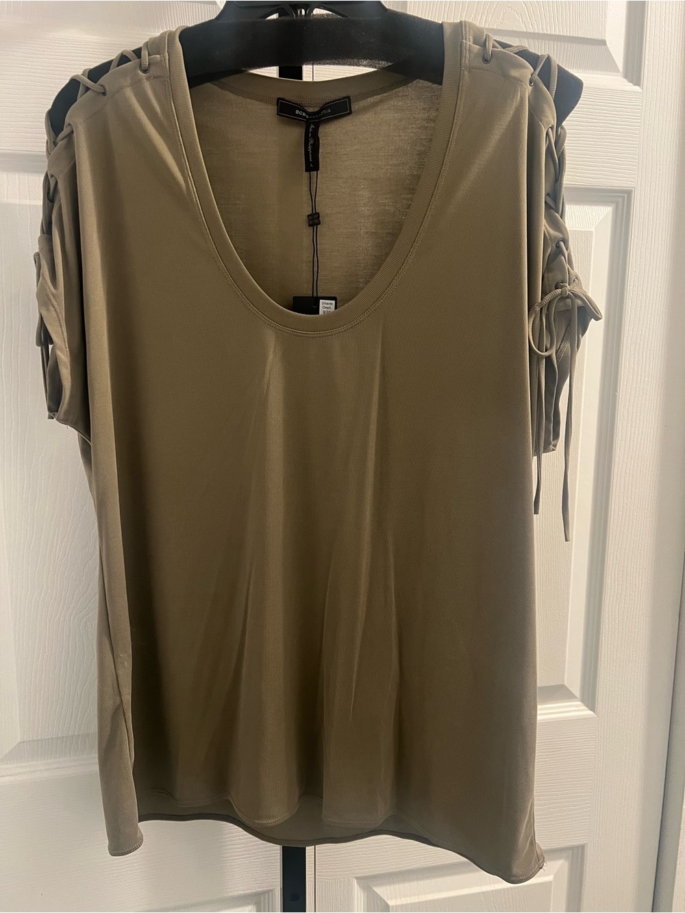 BCBGMaxAzria Olive Lace-Up Shoulder Short Sleeve Tee